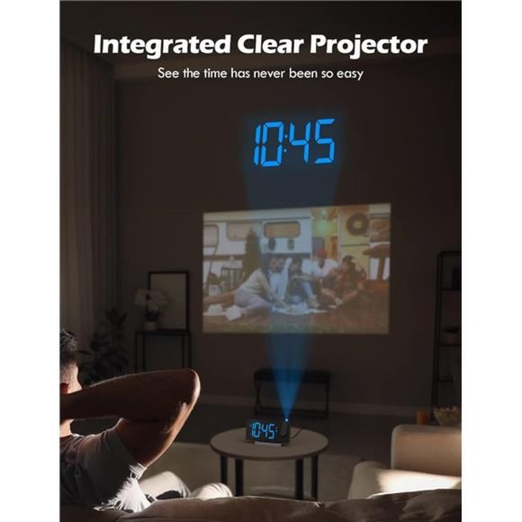 Projection Alarm Clock with FM Radio,USB Charging Port,0-100% Dimmer,Dual Alarms - Picture 4 of 5